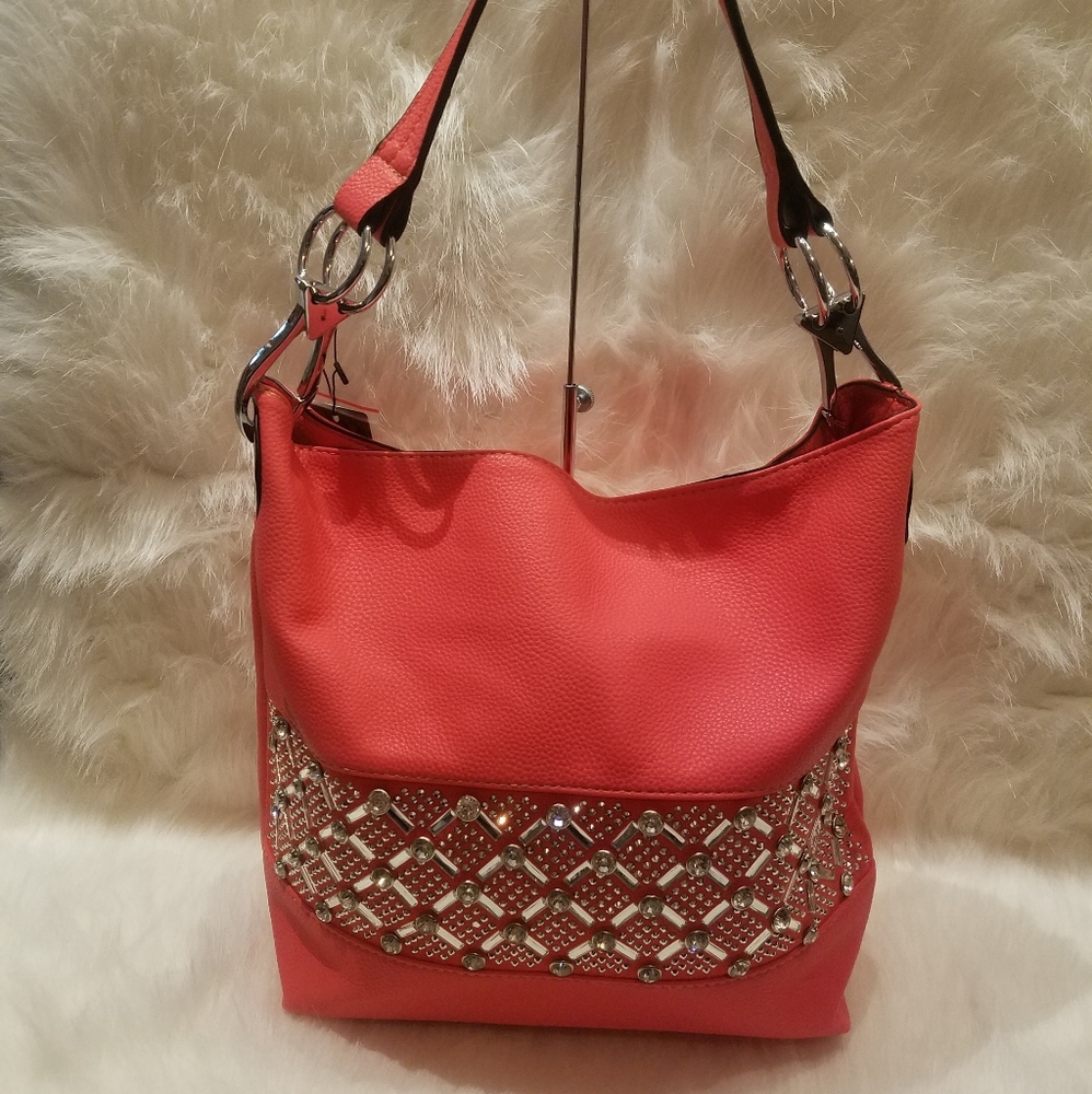CORAL RHINESTONE BLING DESIGN HOBO HANDBAG